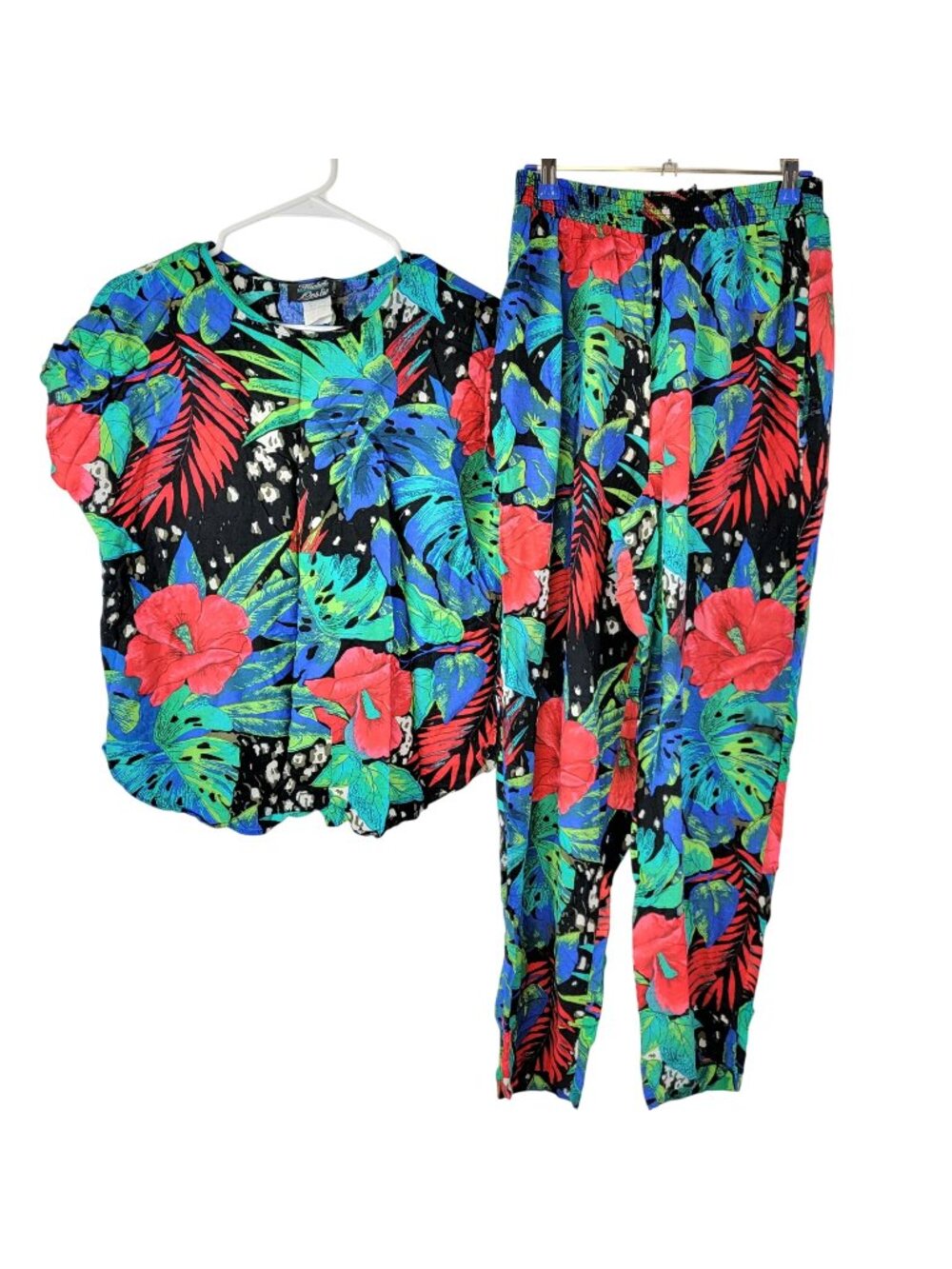 Vintage 80s Floral Set Women Medium Black Blue Tropical Blouse Top Pants Plants